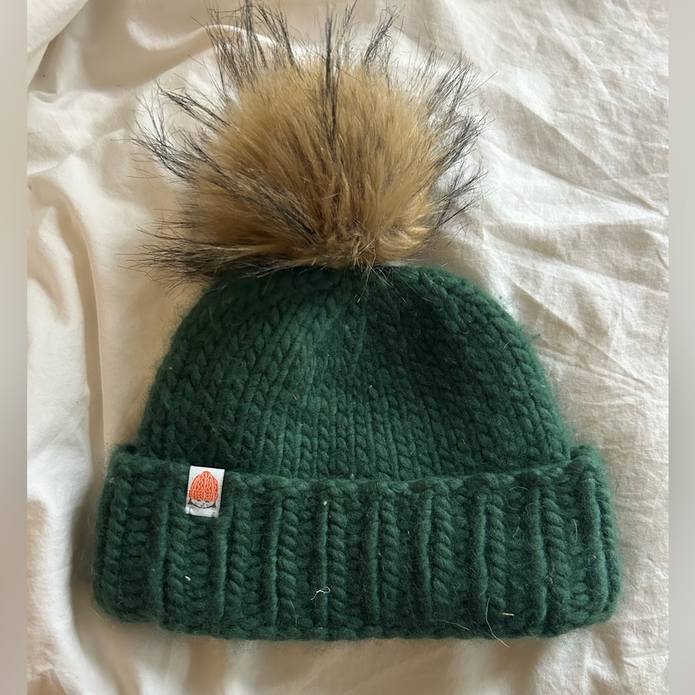shit that i knit forest green beanie with pom pom